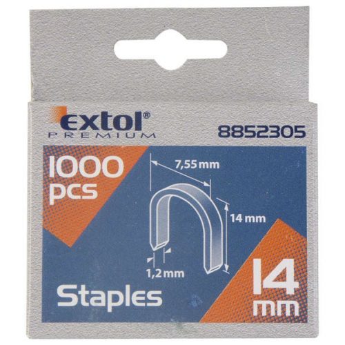 EXTOL PREMIUM U-szeg profi tűzőgéphez 7,55×0,52×1,2mm ; 14mm, 1000db, használható: 4770704, 8851110 és 8851112 tűzőgéphez